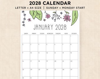 Puede incluir: Una página de calendario imprimible para enero de 2028 con un diseño de cuadrícula y los días de la semana. El borde superior está decorado con hojas verdes y flores rosas dibujadas a mano. El texto dice PRINTABLE 2028 CALENDAR.