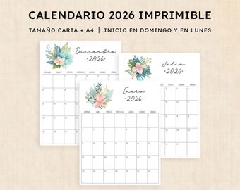 Calendario 2026 para imprimir · PDF de 12 páginas · Cosmic Clouds