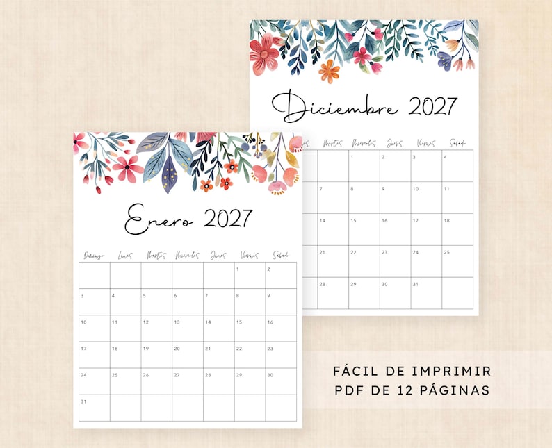 Calendario 2027 para imprimir · PDF de 12 páginas · Fantasía Floral ...