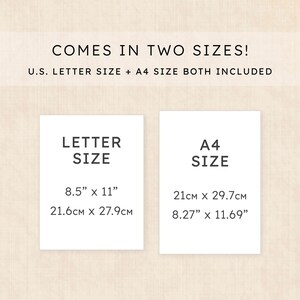May include: A digital document information graphic stating COMES IN TWO SIZES! U.S. LETTER SIZE + A4 SIZE BOTH INCLUDED. Two white rectangles display LETTER SIZE as 8.5 inches by 11 inches and A4 SIZE as 21 cm by 29.7 cm with imperial and metric units.