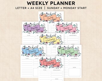 May include: A printable weekly planner set featuring seven pages with floral banners in peach, purple, pink, yellow, blue, green, and coral. Each page includes sections for to-do lists, appointments, and notes. Text reads: PRINTABLE WEEKLY PLANNER.
