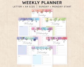 May include: A printable weekly planner set featuring seven individual pages for Sunday through Saturday. Each page displays a watercolor floral header, a top priority section, a checklist for tasks, and a notes area. Text includes PRINTABLE WEEKLY PLANNER LETTER + A4 SIZE | SUNDAY + MONDAY START.