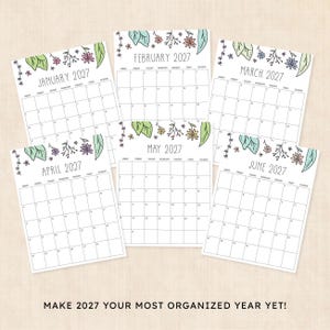 Puede incluir: Un conjunto de seis p&aacute;ginas de calendario mensual para el a&ntilde;o 2027, de enero a junio. Cada p&aacute;gina presenta una cuadr&iacute;cula con l&iacute;neas negras y un borde superior decorativo de flores y hojas dibujadas a mano en verde, morado y rosa.