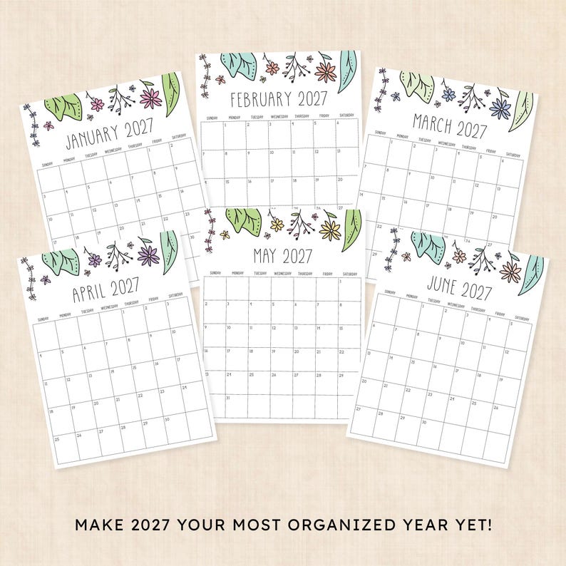Puede incluir: Un conjunto de seis p&aacute;ginas de calendario mensual para el a&ntilde;o 2027, de enero a junio. Cada p&aacute;gina presenta una cuadr&iacute;cula con l&iacute;neas negras y un borde superior decorativo de flores y hojas dibujadas a mano en verde, morado y rosa.
