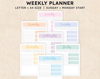 May include: A printable weekly planner set featuring seven individual pages, each with a unique pastel color header for every day of the week. The text reads PRINTABLE WEEKLY PLANNER, LETTER + A4 SIZE, SUNDAY + MONDAY START, with daily sections.