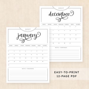 May include: Two printable calendar pages for 2027, showing January and December. Each page features a black and white layout with a decorative script font for the month, a grid for the days of the week, and a section at the bottom for notes and reminders.