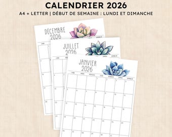 Calendrier 2026 à imprimer · PDF de 12 pages · Sunkissed Succulents
