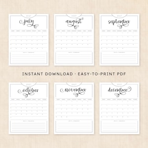 May include: A set of six printable 2027 calendar pages for July through December, featuring black calligraphy month names, a grid layout for days of the week, and a section for notes and reminders. The text reads INSTANT DOWNLOAD EASY-TO-PRINT PDF.