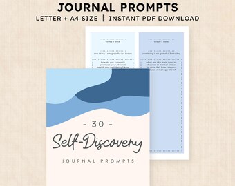 Peut inclure: Un ensemble de prompts de journal imprimables avec une page de couverture aux vagues bleues abstraites et le texte 30 Self-Discovery JOURNAL PROMPTS. Les pages intérieures incluent des sections pour la date, la gratitude et le bien-être physique.