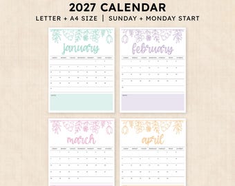 May include: A printable 2027 calendar featuring four monthly pages for January, February, March, and April. Each page displays a floral line art header, a grid for dates, and a notes section. Text includes PRINTABLE 2027 CALENDAR LETTER + A4 SIZE.
