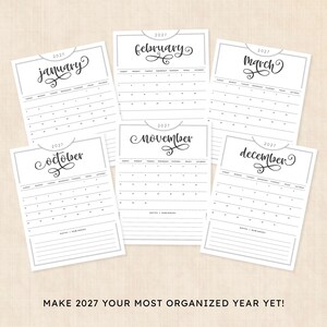 May include: A collection of six 2027 calendar pages featuring the months of January, February, March, October, November, and December. Each page displays a black and white grid layout with elegant cursive headers, numbered days, and a notes section.
