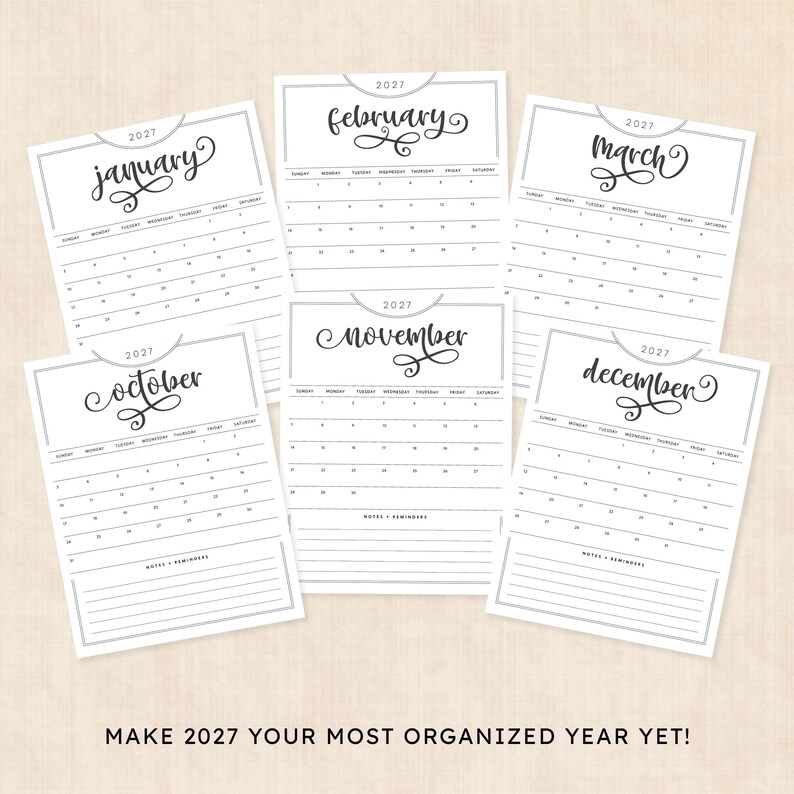 May include: A collection of six 2027 calendar pages featuring the months of January, February, March, October, November, and December. Each page displays a black and white grid layout with elegant cursive headers, numbered days, and a notes section.
