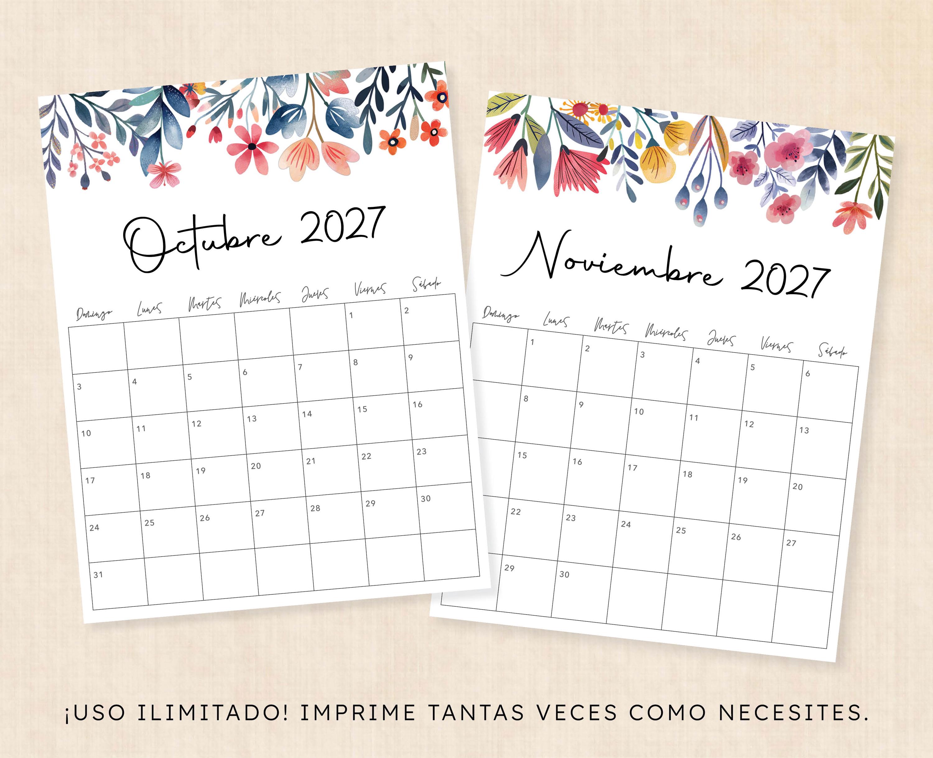 Calendario 2027 para imprimir · PDF de 12 páginas · Fantasía Floral ...