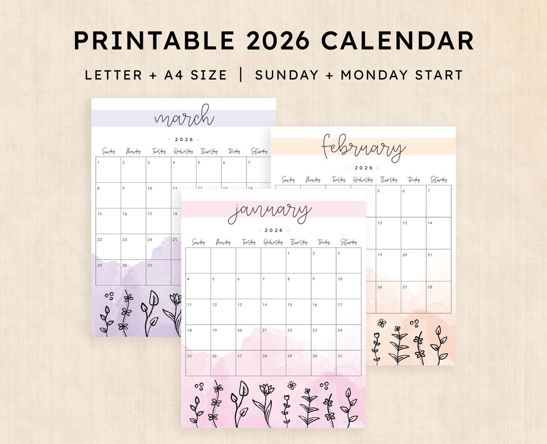 Printable 2026 Calendar · Springtime Splash - Etsy