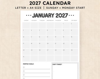May include: A printable 2027 calendar page for January featuring a grid layout with Sunday through Saturday headers. The document includes sections for monthly goals with bullet points and a dotted box for notes labeled as Don't Forget.