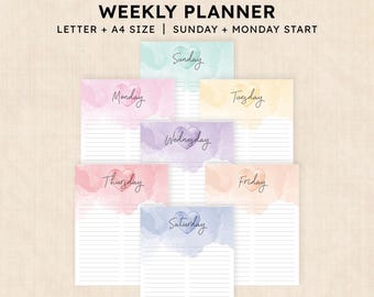 May include: A printable weekly planner set featuring seven pages with watercolor heart designs in pastel colors. Each page displays a day of the week in cursive script, horizontal lines for notes, and text stating PRINTABLE WEEKLY PLANNER LETTER + A4 SIZE | SUNDAY + MONDAY START.