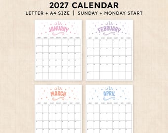 Puede incluir: Un calendario imprimible de 2027 con cuatro páginas mensuales para enero, febrero, marzo y abril. Cada página muestra un diseño de cuadrícula con encabezados para los días de la semana, disponible en tamaños Letter y A4 con inicio en domingo o lunes.