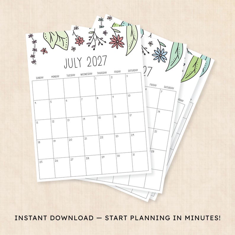 Puede incluir: Una p&aacute;gina de calendario imprimible para julio de 2027 con un dise&ntilde;o de cuadr&iacute;cula y los d&iacute;as de la semana etiquetados de domingo a s&aacute;bado. El borde superior est&aacute; decorado con ilustraciones de flores rosas, hojas verdes y finas enredaderas negras.