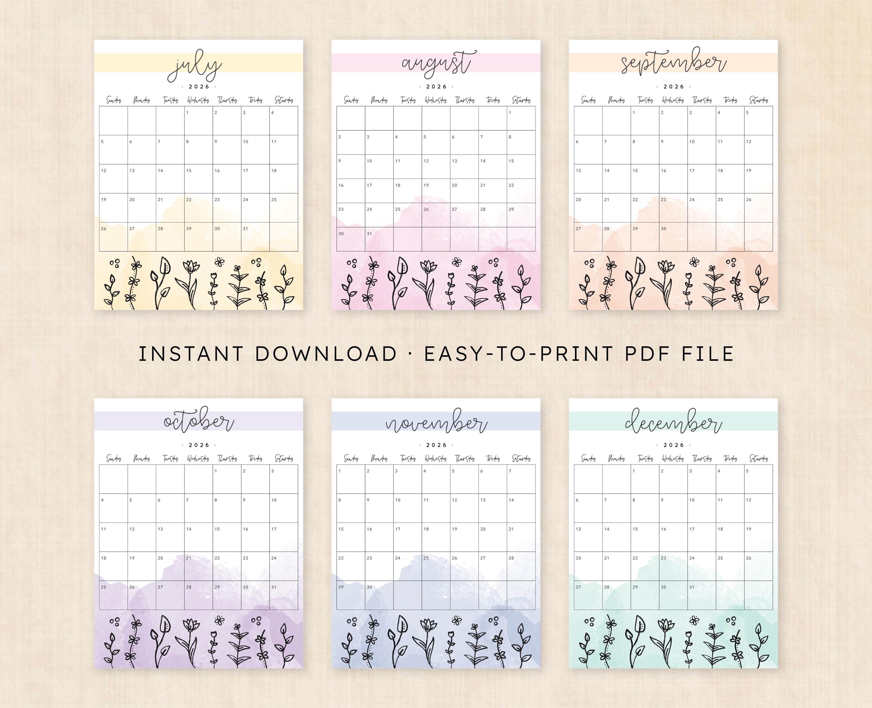 Springtime Calander Printable 2026 Calendar · Springtime Splash - Etsy