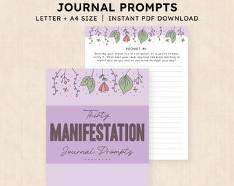 Può includere: Prompt per diario stampabili in formato Letter e A4 come download PDF istantaneo. Il documento presenta uno sfondo viola chiaro con un'illustrazione floreale in alto, che mostra il testo Thirty MANIFESTATION Journal Prompts.