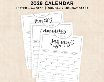 May include: A printable 2028 calendar set featuring black text on white paper. The pages display the months of January, February, and March with a grid layout for days, a header for the year, and a section at the bottom for notes and reminders.