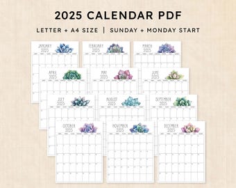 Printable 2025 Calendar · 12-Page PDF · Sunkissed Succulents