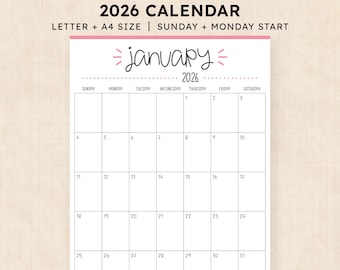 May include: A printable 2026 calendar page for January featuring a grid layout with Sunday through Saturday headers. The text reads PRINTABLE 2026 CALENDAR LETTER + A4 SIZE | SUNDAY + MONDAY START. The month name January is written in script.