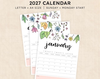 May include: A printable 2027 calendar featuring three stacked pages with floral illustrations at the top. Each page displays the month of January, the text Twenty Twenty Seven, a grid for days of the week, and a pink notes section at the bottom.