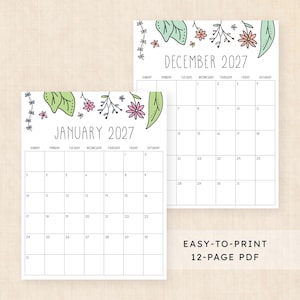 Puede incluir: Dos p&aacute;ginas de calendario imprimibles para enero de 2027 y diciembre de 2027. Cada p&aacute;gina presenta un dise&ntilde;o de cuadr&iacute;cula con los d&iacute;as de la semana, decorado en la parte superior con ilustraciones de flores rosas, hojas verdes y enredaderas.