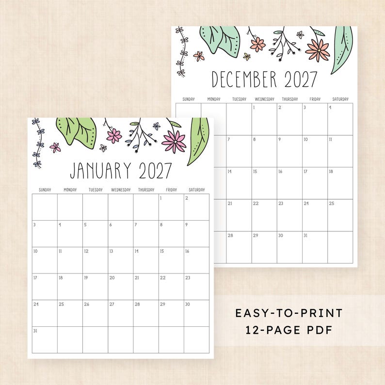 Puede incluir: Dos p&aacute;ginas de calendario imprimibles para enero de 2027 y diciembre de 2027. Cada p&aacute;gina presenta un dise&ntilde;o de cuadr&iacute;cula con los d&iacute;as de la semana, decorado en la parte superior con ilustraciones de flores rosas, hojas verdes y enredaderas.
