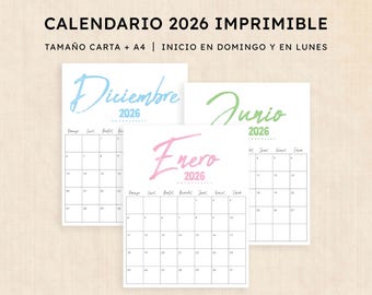 May include: Printable 2026 calendars in a stack, featuring months in blue, green, and pink. The calendars are labeled with the months "December", "June", and "January" and the year "2026". The text "CALENDARIO 2026 IMPRIMIBLE" is at the top.