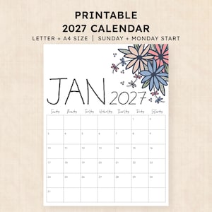 Puede incluir: Una página de calendario imprimible para enero de 2027 con una ilustración floral dibujada a mano en la esquina superior derecha con pétalos rosas, azules y verdes. La cuadrícula del calendario muestra los días y las fechas del 1 al 31.