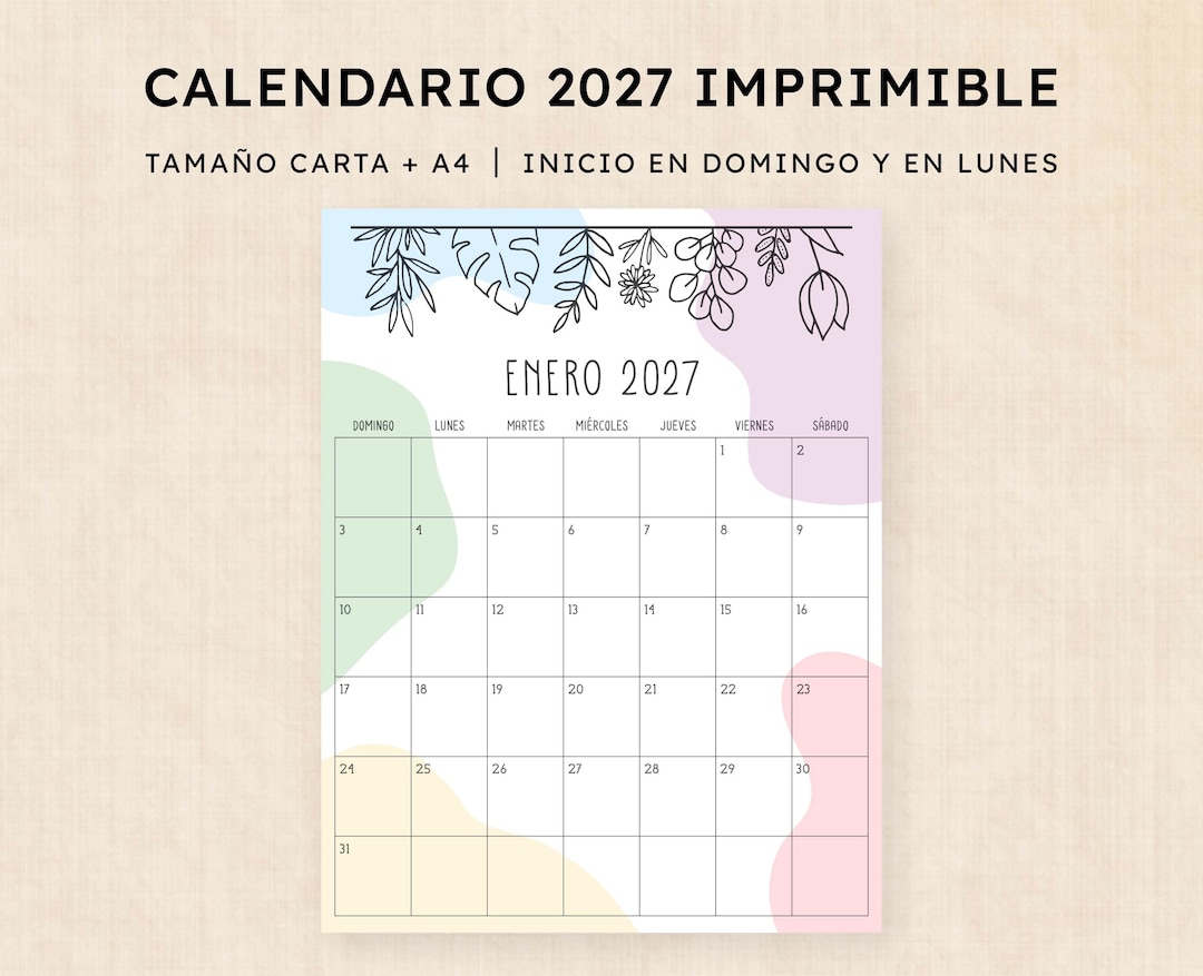 Calendario 2027 Para Imprimir · PDF De 12 Páginas · Radiant Rhapsody - Etsy