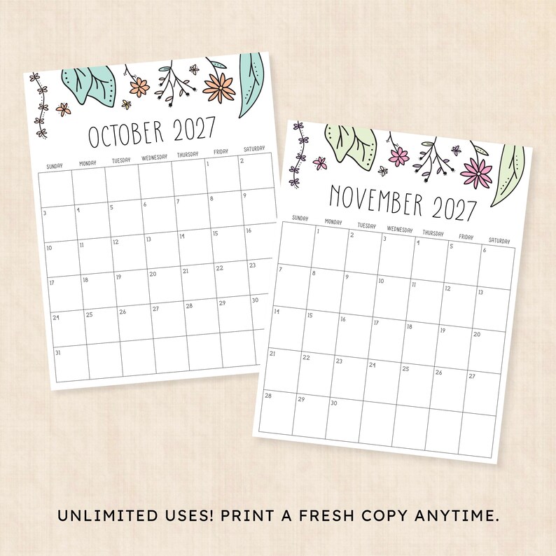 Puede incluir: Dos p&aacute;ginas de calendario imprimibles para octubre de 2027 y noviembre de 2027, con una cuadr&iacute;cula de l&iacute;neas negras e ilustraciones florales dibujadas a mano en azul claro, rosa y verde. El texto dice UNLIMITED USES! PRINT A FRESH COPY ANYTIME.
