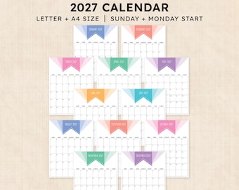 May include: A printable 2027 calendar featuring twelve monthly pages with a colorful banner design at the top. The text reads PRINTABLE 2027 CALENDAR LETTER + A4 SIZE | SUNDAY + MONDAY START. Each month displays a grid layout for dates.