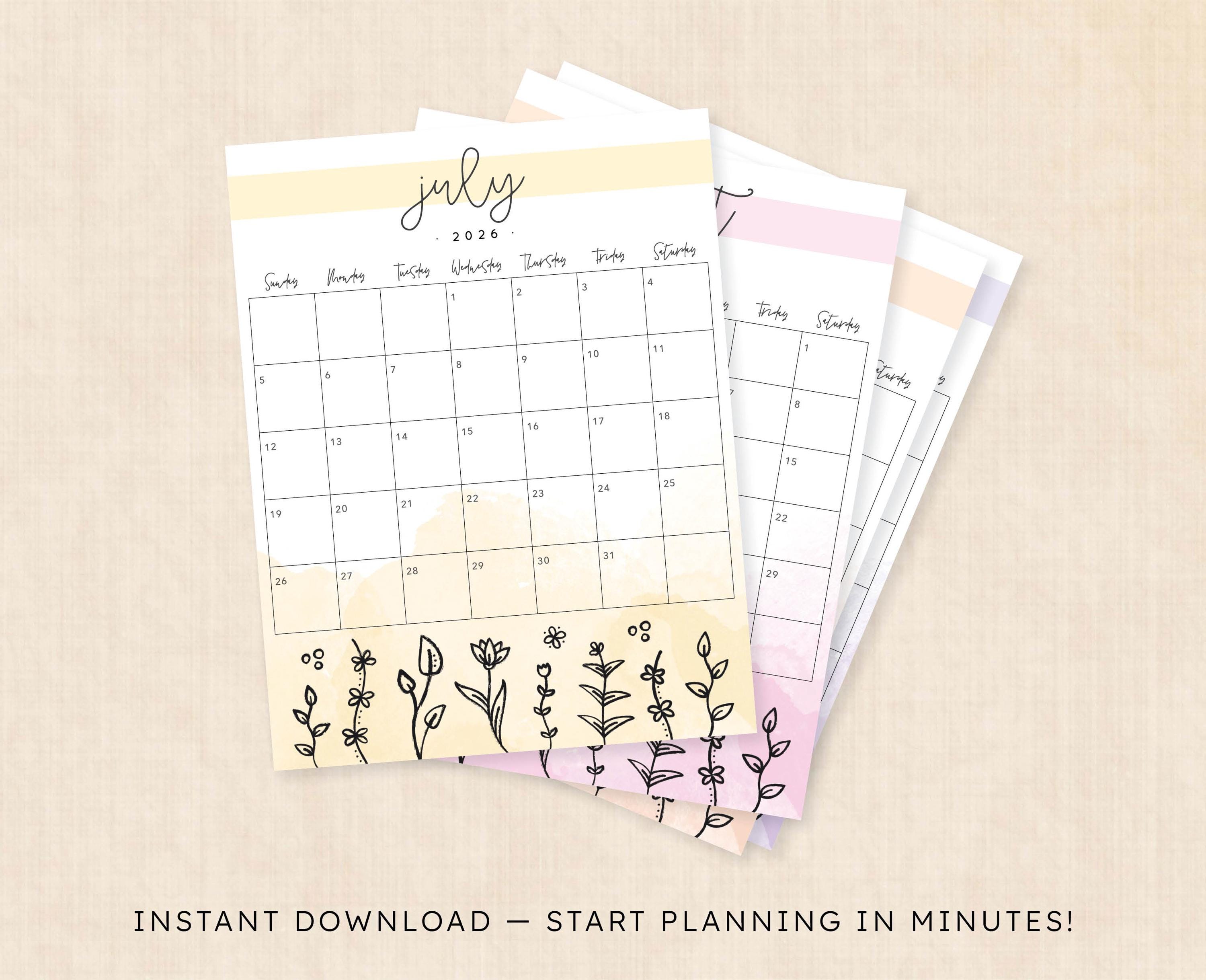 Springtime Calander Printable 2026 Calendar · Springtime Splash - Etsy