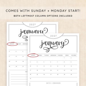 May include: Two white 2027 January calendar pages with black text. One page starts on Monday, the other on Sunday, both circled in red. Text reads: COMES WITH SUNDAY + MONDAY START! BOTH LEFTMOST COLUMN OPTIONS INCLUDED. Includes notes section.
