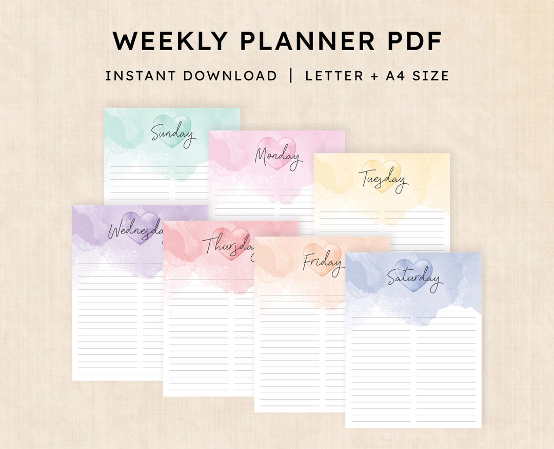 Weekly Planner Printable · 7-page PDF · Sweetheart Splash - Etsy