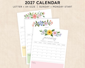 May include: A printable 2027 calendar featuring floral illustrations at the top of each page. The text reads PRINTABLE 2027 CALENDAR, LETTER + A4 SIZE, SUNDAY + MONDAY START, and January TWENTY TWENTY SEVEN. Each page includes a grid and a notes section.