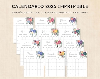 Calendario 2026 para imprimir · PDF de 12 páginas · Petunia Punch