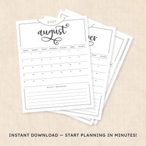 May include: A stack of white paper calendar pages for August 2027, featuring black text and lines. The top page displays the month name in script, a grid with days of the week, numbered dates, and a section at the bottom labeled Notes + Reminders.