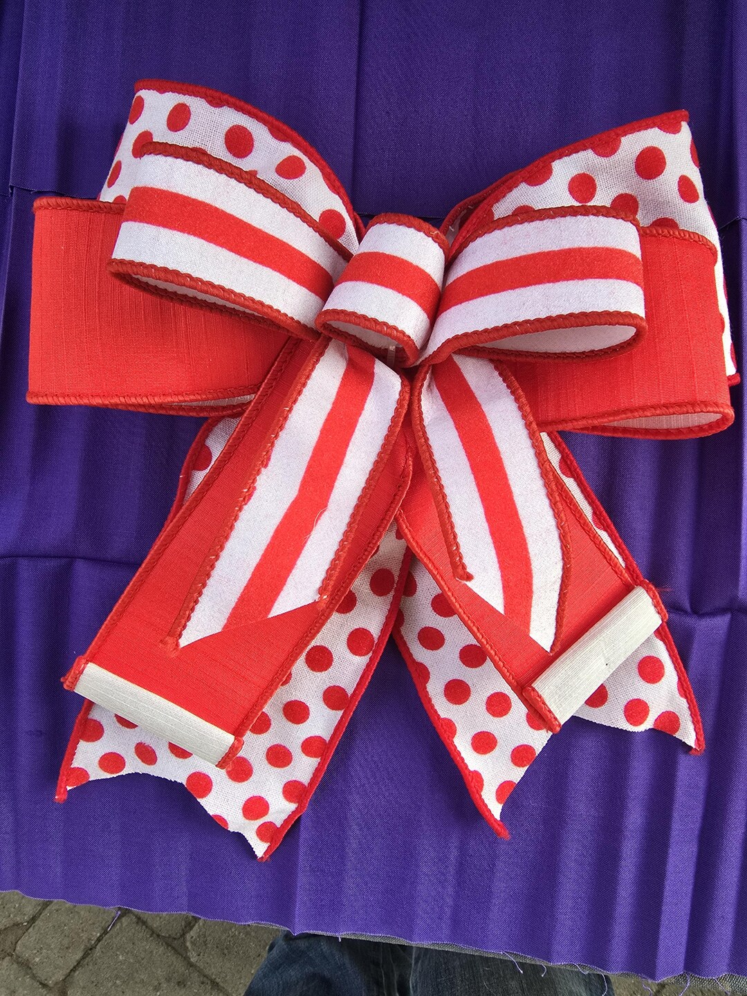 Red and White Polka Dot Striped Bow, Handmade Wired Ribbon - Etsy