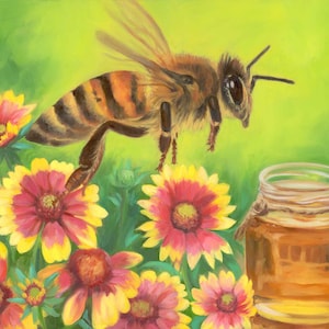 Bee and Honey Giclee Print, Kitchen Food Art From Original Oil Painting