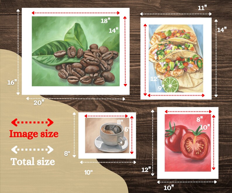 Może przedstawiać: Cztery oprawione wydruki z r&oacute;żnymi obrazami: stos ziaren kawy na zielonych liściach, talerz z taco z klinami limonki, filiżanka kawy i dwa pomidory. Wydruki mają rozmiar 8 cali na 10 cali i są oprawione w białą ramkę.