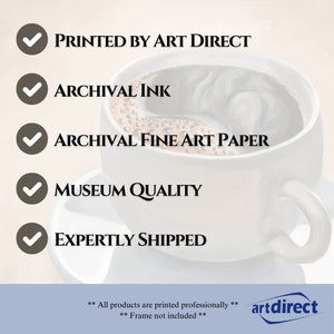 Może przedstawiać: Lista funkcji dla wydruk&oacute;w artystycznych, w tym wydrukowane przez Art Direct, atrament archiwalny, archiwalny papier artystyczny, jakość muzealna i profesjonalna wysyłka. Tekst "Wszystkie produkty są drukowane profesjonalnie. Rama nie jest wliczona w cenę." znajduje się na dole obrazu.