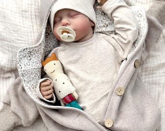 Katoenen fleece overall, beige met luipaardprint of maanmotief | Fleece overall, katoenen fleece, overall voor pasgeborenen, jongensoverall, meisjesoverall, gevoerde overall