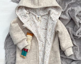 Children's boiled wool jacket with zipper, leopard print | light ecru melange boiled wool | children's boiled wool jacket, pure wool boiled wool