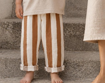 Pantaloni in mussola a gamba larga a righe color caramello | pantaloni estivi leggeri | pantaloni estivi, pantaloni in mussola per bambini, bambine, neonati e lattanti