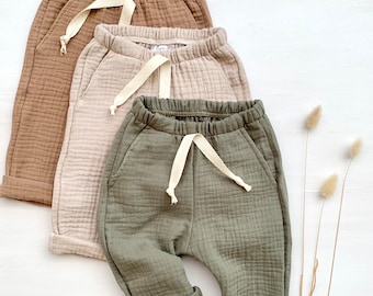 Pantaloni in mussola in vari colori, cotone, pantaloni estivi leggeri | Pantaloni estivi, pantaloni in mussola per bambini, bambine e neonati | Pantaloni estivi, pantaloni in mussola