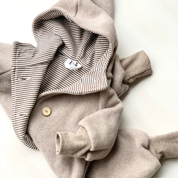 Baumwoll Fleeceoverall beige mit Streifen | Fleeceoverall Baumwollfleece Kinder Biobaumwolle Overall Junge Overall Mädchen